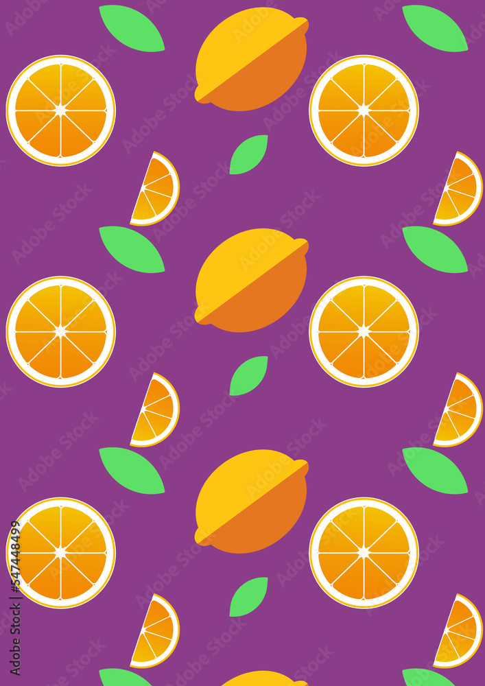 citrus slices pattern  illustration, lemon, 2D , fresh , purple