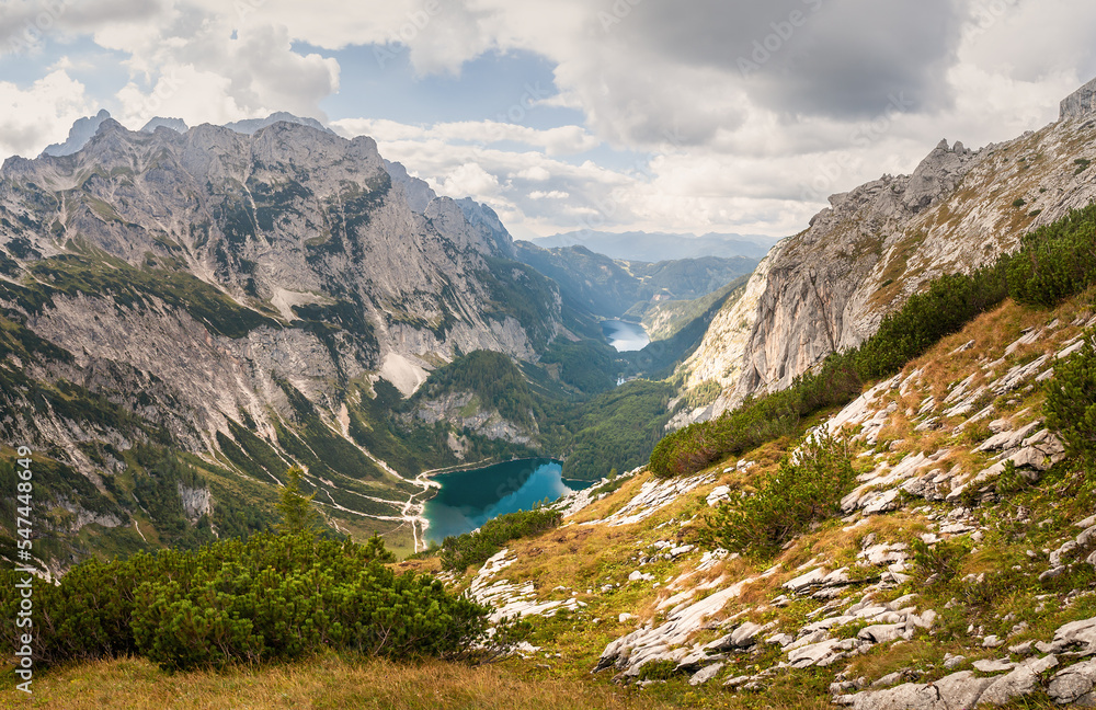 landscape with Gosausee lake in the mountain valley, Gosauseen lakes in the Dachstein Mountains in the Alps in Austria