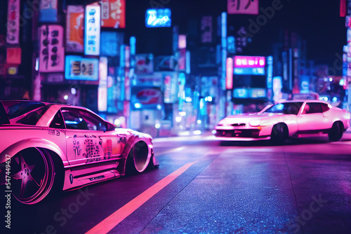 two tuned pink racing cars in tokyo with neon lights, JDM Japanese Domestic Market
