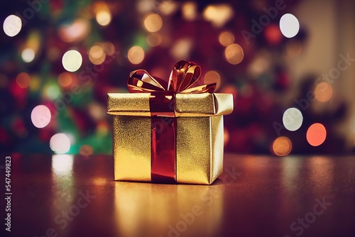 Christmas gift box, christmas tree bokeh background
