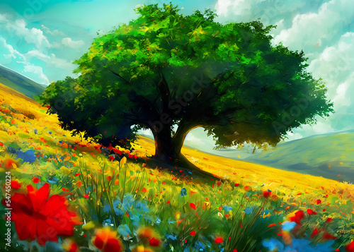 landscape with tree and flowers, sommer meadow landscape, flowers on a hilly meadow, illustration, digital