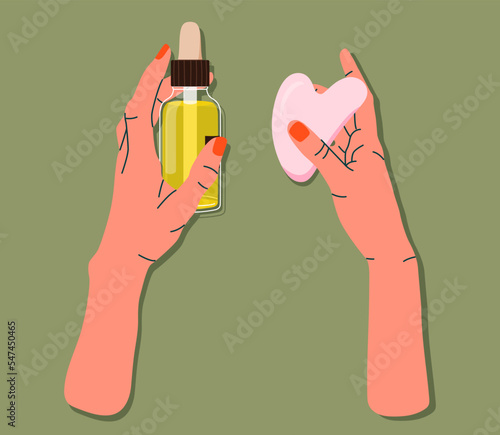 Massage kit: gua sha massager and face oil for beauty procedure. Hands holding beauty products. Skin care concept. Daily skin care routine and hygiene concept. Flat  vector illustration.
