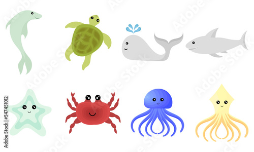 a collection of illustrations of underwater animals with cheerful faces on a white background