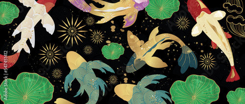 Vector poster with a Japanese theme. Line art style. Koi carps on on a black background. Abstract art background vector	