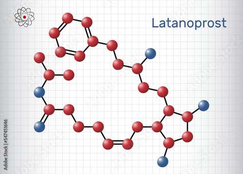 Latanoprost molecule. It is isopropyl ester prodrug used to treat increased intraocular pressure. Structural chemical formula, molecule model. Sheet of paper in a cage