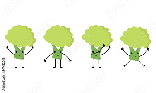 a collection of illustrations of broccoli vegetables with cheerful faces on a white background