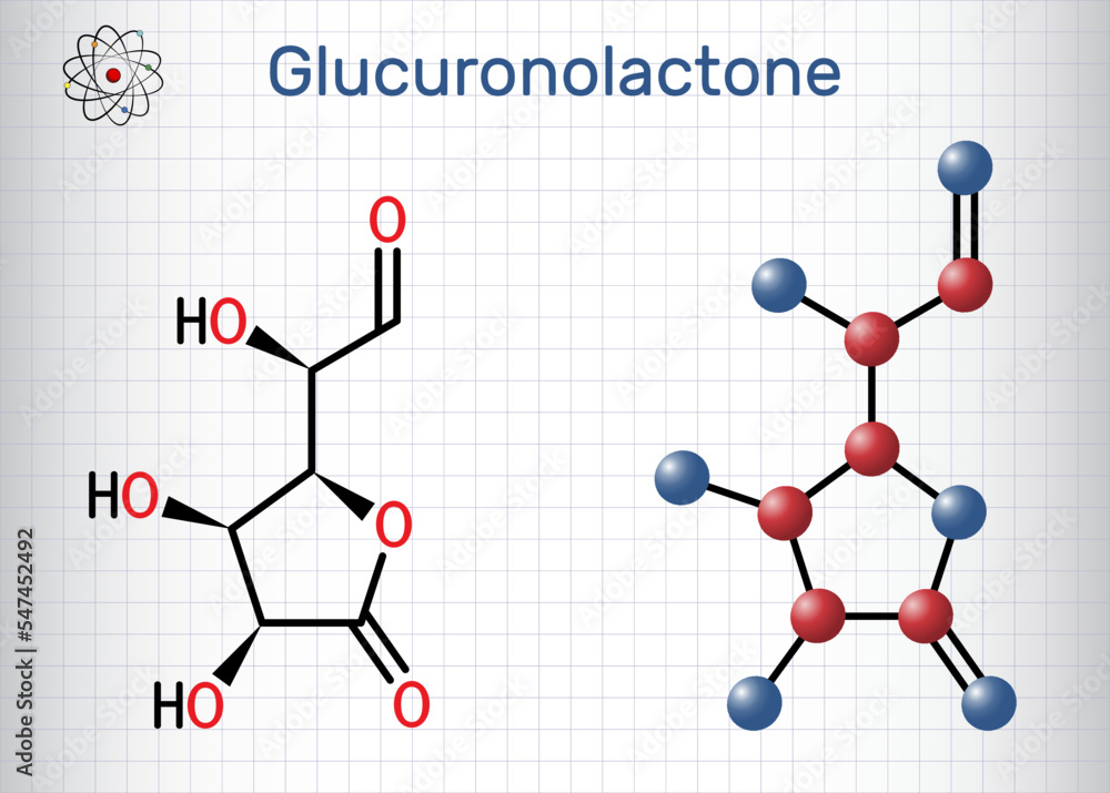Glucuronolactone molecule. It is naturally occurring substance, used in energy drinks. Structural chemical formula and molecule model. Sheet of paper in a cage Glucuronolactone molecule. It is naturally occurring substance, used in energy drinks. Structural chemical formula and molecule model. Sheet of paper in a cage