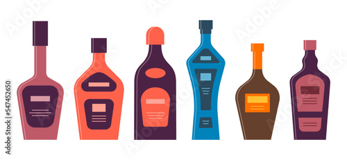 Set bottles of liquor cream rum vodka whiskey tequila. Icon bottle with cap and label. Graphic design for any purposes. Flat style. Color form. Party drink concept. Simple image shape