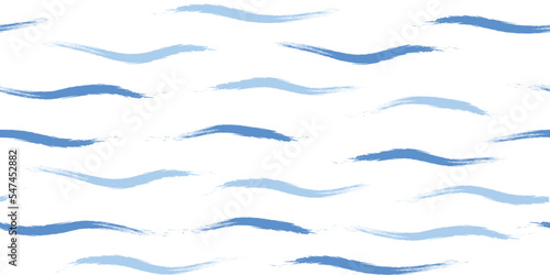 Seamless Wave Pattern, Hand drawn cute water vector background. Watercolor sea brush smears, baby paint lines design