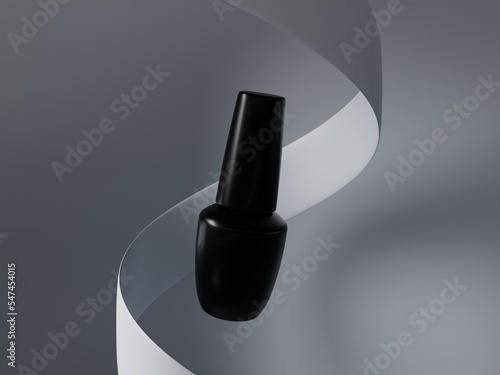 A bottle of gel polish in flight. Stylish presentation of nail polish. Mock-up of nail cover. 3d rendering