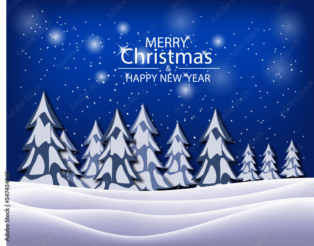 Fototapeta premium Merry Christmas. Winter holiday landscape with snowdrifts and snowy fir trees. Vector 3d illustration. Seasonal nature background. Frosty snow hills.