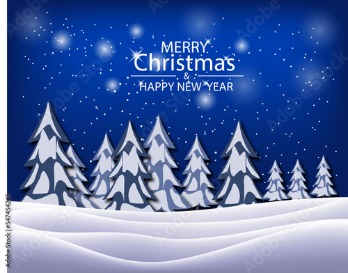 Merry Christmas. Winter holiday landscape with snowdrifts and snowy fir trees. Vector 3d illustration. Seasonal nature background. Frosty snow hills.