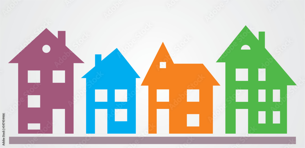 Set of four different houses, colors, vector icon, transparency design