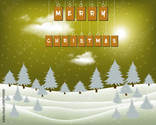 Merry Christmas. Winter holiday landscape with snowdrifts and snowy fir trees. Vector 3d illustration. Seasonal nature background. Frosty snow hills.