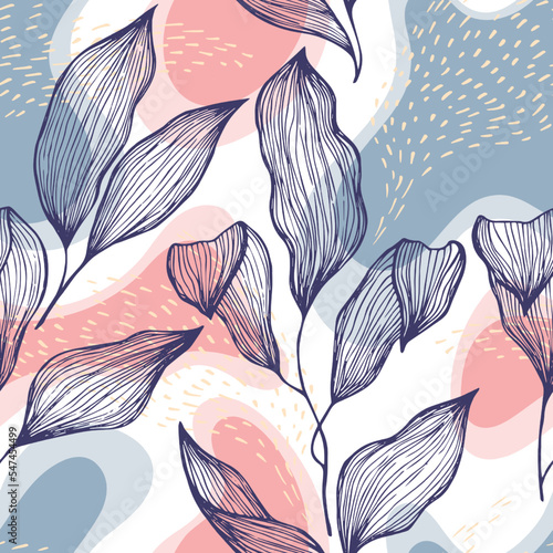 Sketch style doodle line texture leaves over stains and dots seamless vector ...