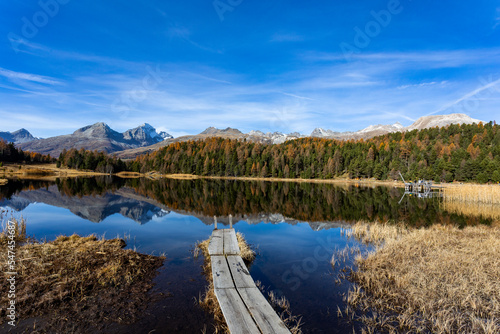 Lej da Staz - St. Moritz Switzeland lake view in fall season autumn. photo