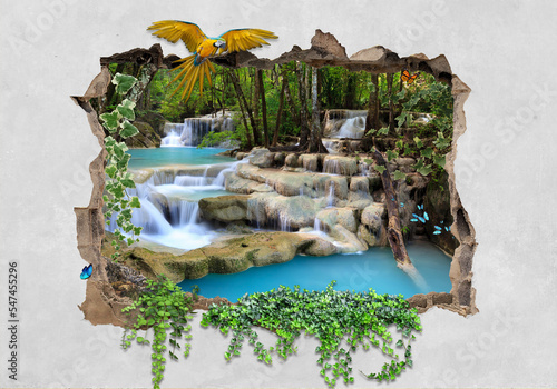 broken wall with waterfall and 3d effect, tropical beautiful nature
