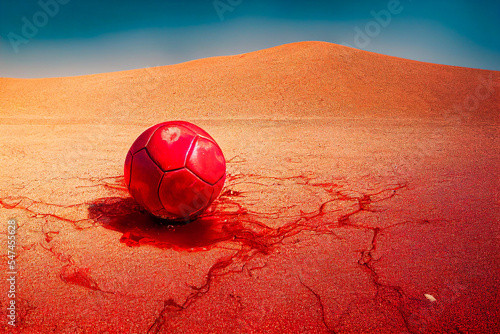 A soccer ball covered in human blood was found in the desert of Qatar. Workers in construction sites for World Cup stadiums are said to be working under difficult conditions. 3D illustration.