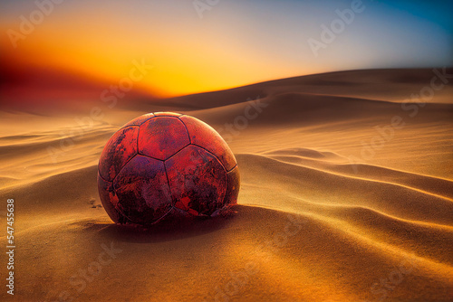 There's blood on the soccer ball in Qatar, and workers in construction sites are complaining about the harsh working conditions. 3D illustration. photo