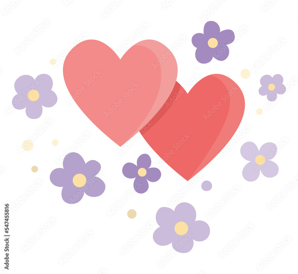 Vector abstract illustration with red hearts and purple flowers. Cute wedding, marriage or love symbol clipart element for bride and groom. Cartoon Saint Valentine background
