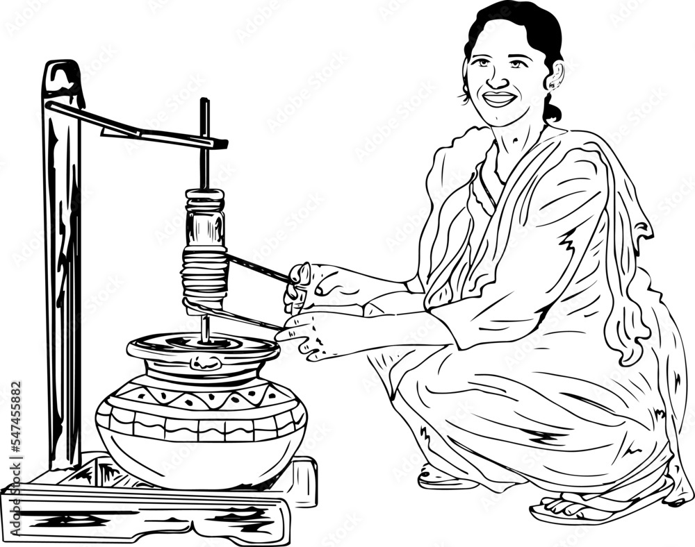 Punjabi girl churning curd and extracting butter clip art and symbol