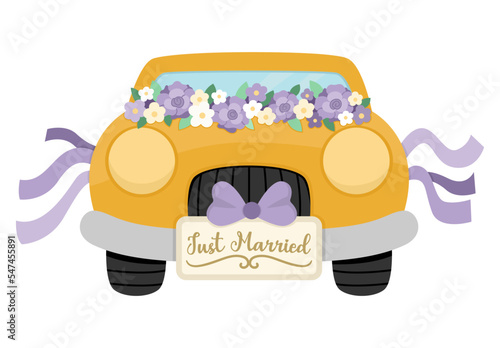 Vector wedding yellow car decorated with purple flowers and ribbons. Honeymoon automobile with just married plate. Cute marriage clipart. Bride and groom transportation. Funny ceremony illustration
