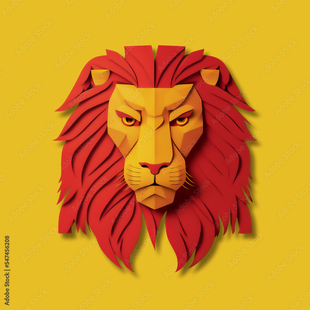 Paper craft yellow lion. Yellow origami lion on red background. Handcraft paper lion. Design element.