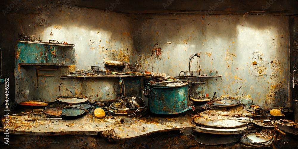 This kitchen is very dirty and unhealthy. The walls and utensils are