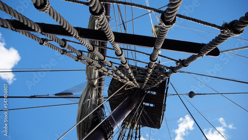 Bottom view of a ship mast with white sails, ropes and yards against a blue sky