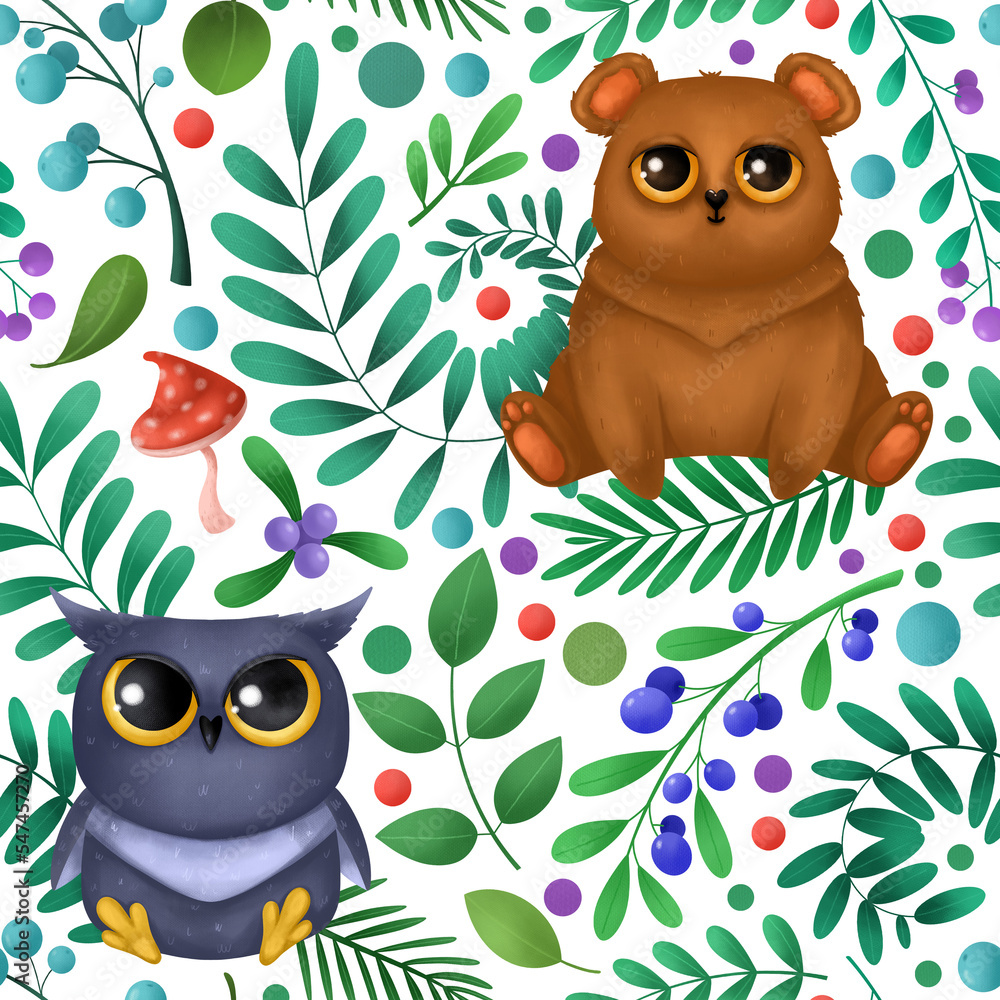Fototapeta premium Seamless pattern with cute forest animals. Children's illustration.