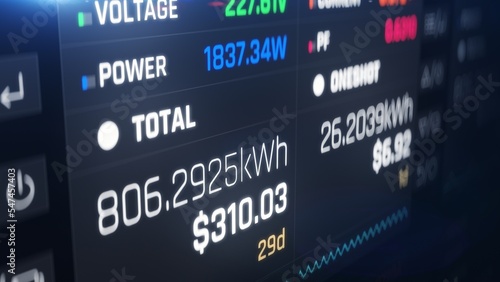 Modern electric meter device showing energy consumption, high electricity bill. High energy consumption costs