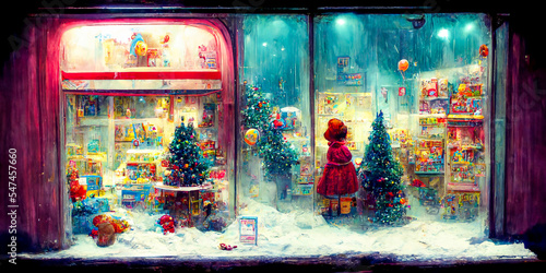 The Christmas toy store facade is brightly lit and decorated in vintage style with bright colors. It makes a great background for attracting attention.