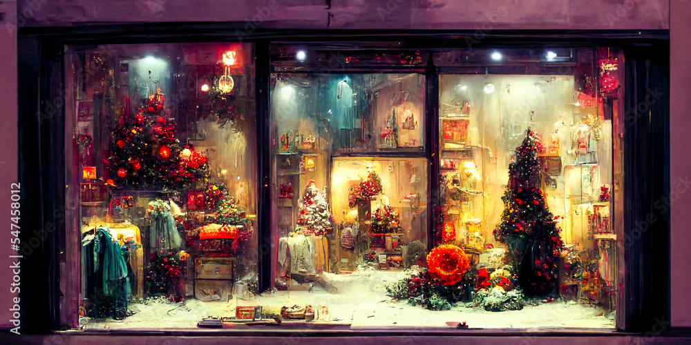 The clothing store is decorated for the Christmas holiday, with garlands and Christmas trees. It has a vintage and retro style, giving the feel of safety and sharing. The clothing store is decorated for the Christmas holiday, with garlands and Christmas trees. It has a vintage and retro style, giving the feel of safety and sharing.