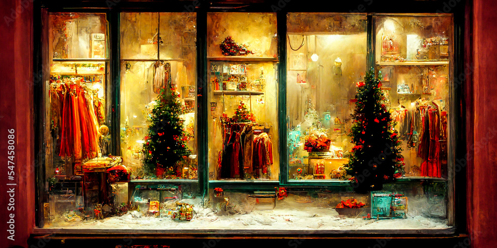 A clothing store or bazaar decorated for the Christmas holiday, with garlands and Christmas trees. The store has a vintage and retro style that gives a feeling of security and sharing.