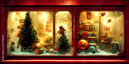 The clothing store is decorated for Christmas, with garlands and Christmas trees. The vintage and retro style of big American cities provides a feeling of security and community. photo