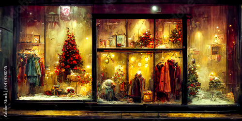 There was a clothing store decorated for the Christmas holiday with garlands and Christmas trees. It had a vintage and retro style  giving a feeling of security and warmth.