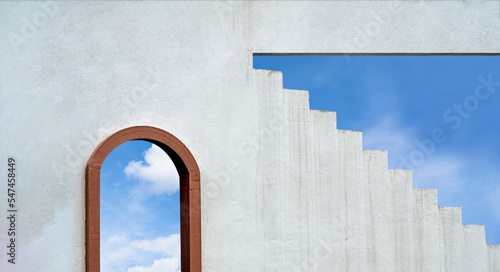 Cement wall and Step Stair with Wooden Window Frame, Architecture Loft Building Grey Concrete Wall Background with Tuscany Arches Brown Wood Door against Blue Sky and Clouds, Minimal Exterior concept photo