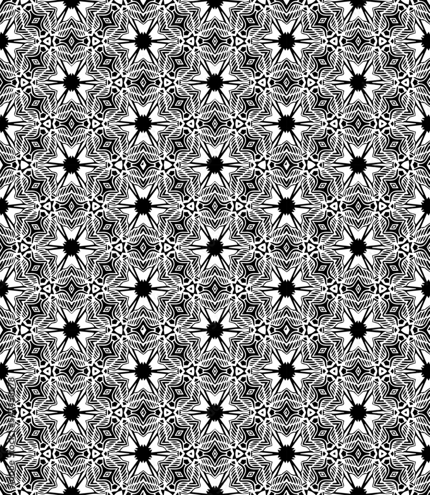 Black and white seamless abstract pattern. Background and backdrop. Grayscale ornamental design. Mosaic ornaments. Vector graphic illustration. EPS10. Black and white seamless abstract pattern. Background and backdrop. Grayscale ornamental design. Mosaic ornaments. Vector graphic illustration. EPS10.