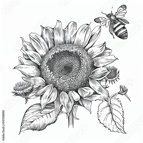 Sunflower and Bee Drawing Sketch Outline  