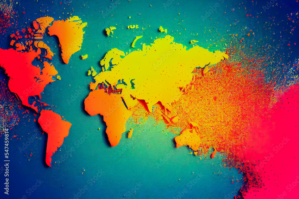 Dynamic world map with burst of color and multi-ethnic energy. Very creative map for poster or modern computer graphics.