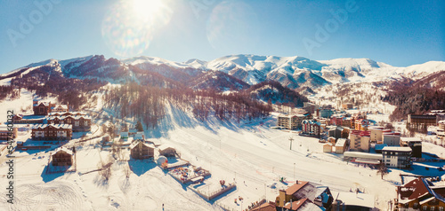 Bakuriani ski resort panorama in Georgia, caucasus mountains. Famous travel destination for outdoors skiing