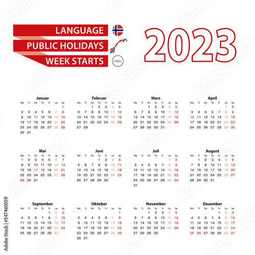 Calendar 2023 in Norwegian language with public holidays the country of Norway in year 2023.