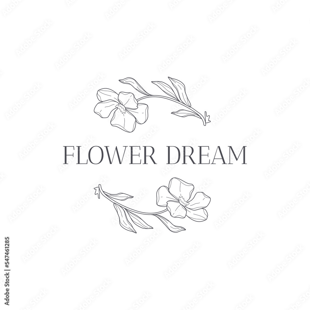 Fototapeta premium Vector flower logo template. Modern hand drawn line style design. Minimalist drawn floral logo design illustration.
