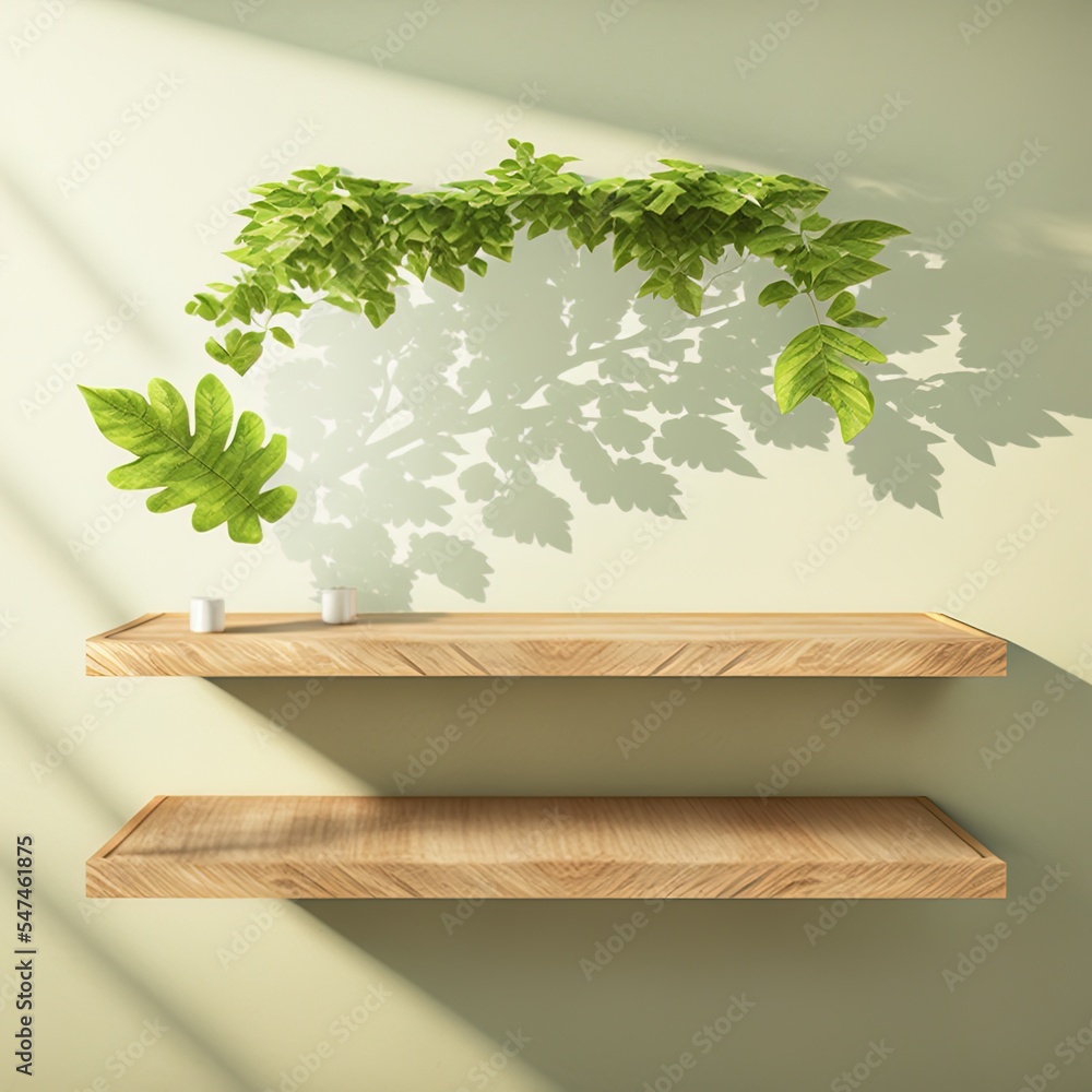 3D render of an empty oak wood shelf on beautiful green wall in background with morning sunlight and leaves shadow. Eco organic product display, Mock up, Mockup, Overlay, Blank, Surface, Natural 3D render of an empty oak wood shelf on beautiful green wall in background with morning sunlight and leaves shadow. Eco organic product display, Mock up, Mockup, Overlay, Blank, Surface, Natural