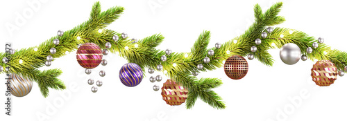 Christmas tree branch horizontal line with balls