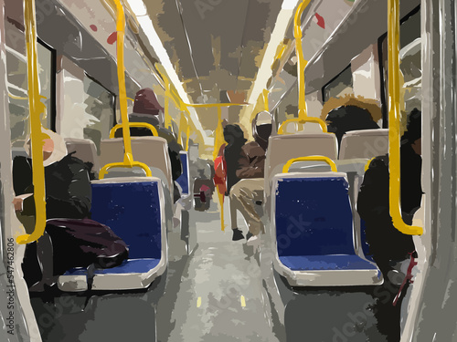 Illustration of passengers on city commuter train.