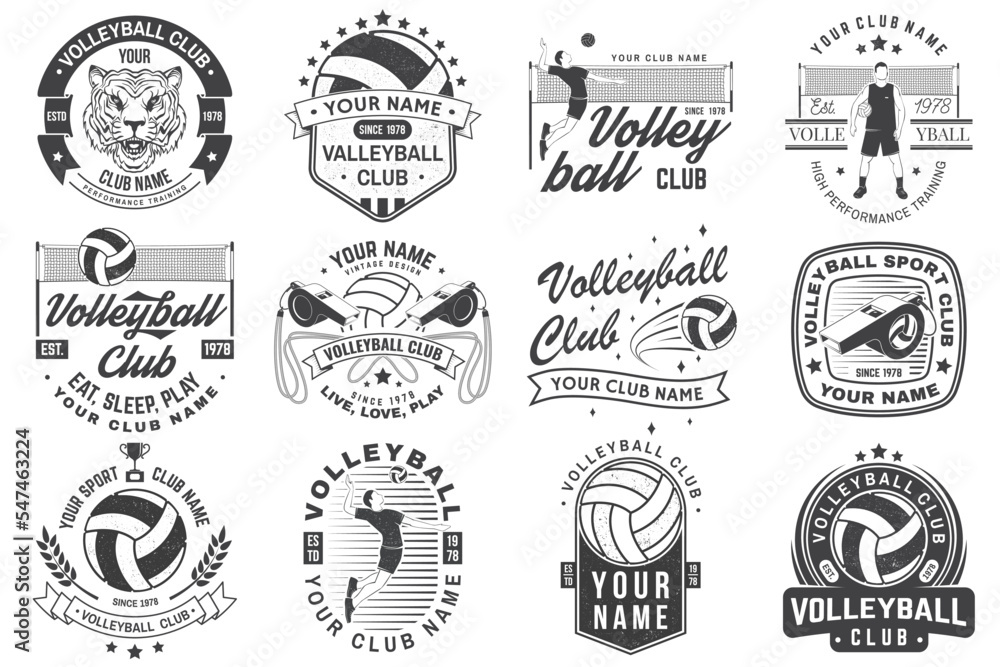 Set of volleyball club badge design. Vector illustration. For college league sport club emblem, sign, logo. Vintage monochrome label, sticker, patch with volleyball ball, player, net and referee