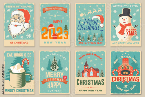 Set of Merry Christmas and Happy New Year poster, flyer, greeting cards. Set quotes with snowflakes, Santa Claus face and Catholic Church . Vector. Design for xmas, new year emblem.