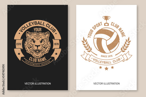 Volleyball club flyer, brochure, banner, poster. Vector illustration. For sport club emblem, sign, logo. Vintage monochrome label, sticker, patch with volleyball ball and tiger head silhouettes.