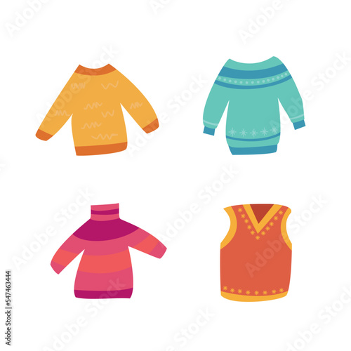 Vector illustration of warm sweaters and vests on a white background.
